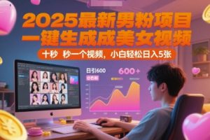 2025最新男粉项目，一键生成美女视频，日引600+色粉 十秒一个视频，小白轻松日入5张【揭秘】