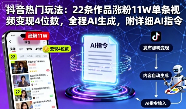 抖音热门玩法：22条作品涨粉11W单条视频变现4位数，全程AI生成，附详细AI指令