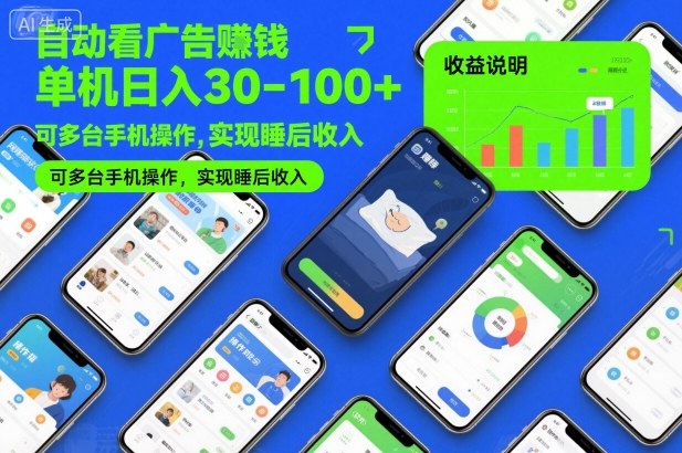 自动看广告賺钱，单机日入30-100+，可多台手机操作，实现睡后收入【揭秘】