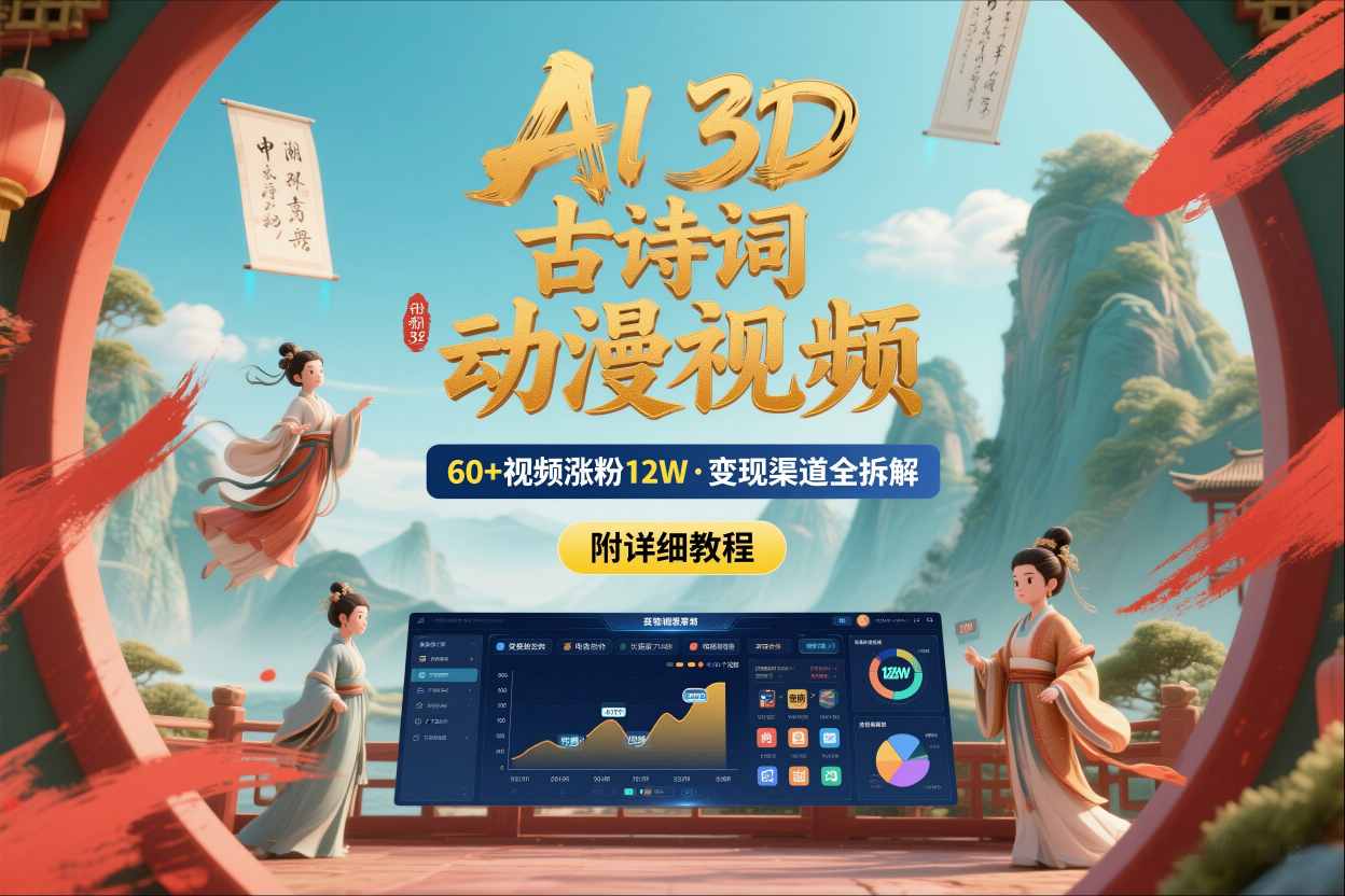 AI制作3D古诗词动漫视频，60多个视频涨粉12W，多个变现渠道拆解【附详细教程】