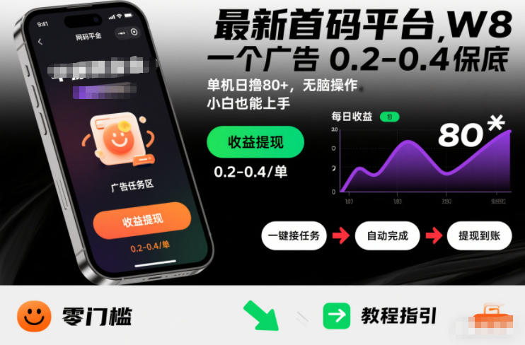 最新首码平台,一个广告 0.2-0.4 保底,单机日撸80+,可矩阵无脑操作,小白也能上手【揭秘】