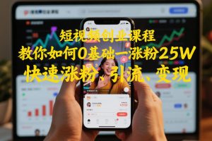 短视频创业课程，教你如何0基础一天涨粉25W，快速涨粉、引流、变现