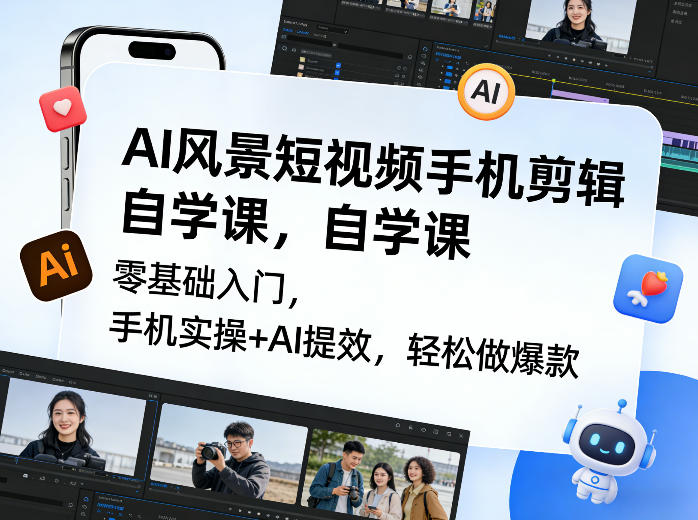 AI风景短视频手机剪辑自学课,零基础入门,手机实操+AI提效,轻松做爆款