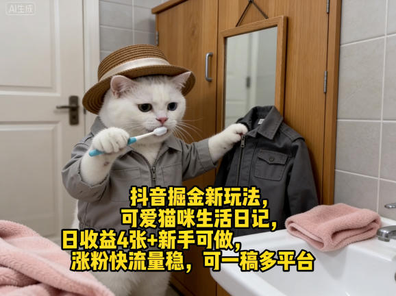 抖音掘金新玩法,可爱猫咪生活日记,日收益4张+新手可做,涨粉快流量稳,可一稿多平台