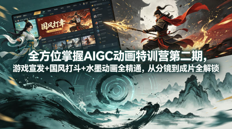 全方位掌握AIGC动画特训营第二期,游戏宣发+国风打斗+水墨动画全精通,从分镜到成片全解锁