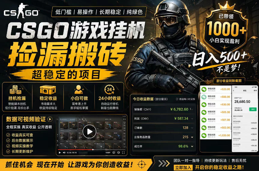 CSGO游戏搬砖,全自动挂G,不需要玩游戏,手机操作日入300+,解放双手【揭秘】