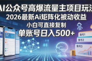 AI公众号高爆流量主项目玩法，2026最新Ai矩阵化被动收益，小白可直接复制，单账号日入500+