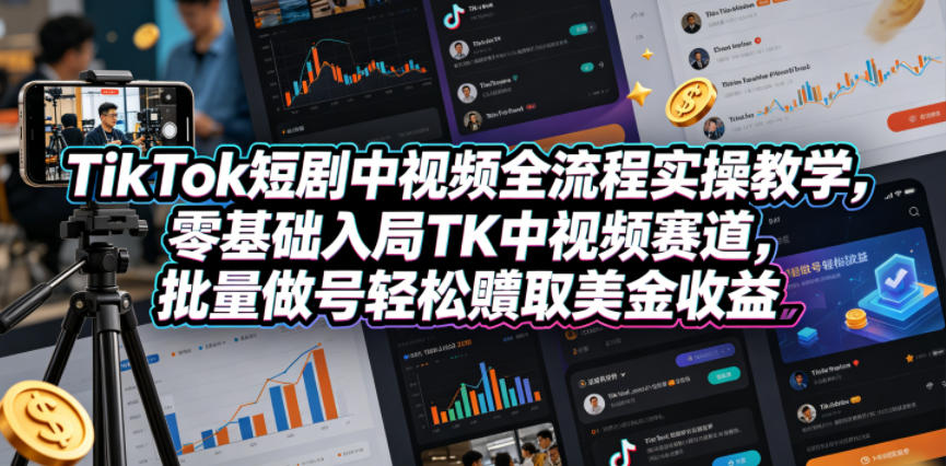TikTok短剧中视频全流程实操教学,零基础入局TK中视频赛道,批量做号轻松賺取美金收益