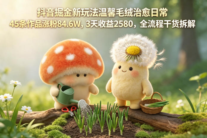 抖音掘金新玩法温馨毛绒治愈日常,45条作品涨粉84.6W,3天收益2580,全流程干货拆解