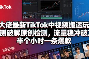 某大佬最新TikTok中视频搬运玩法，实测破解原创检测，流量稳冲破万，半个小时一条爆款