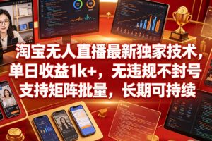 淘宝无人直播最新独家技术，单日收益1k+，无违规不封号，支持矩阵批量，长期可持续【揭秘】