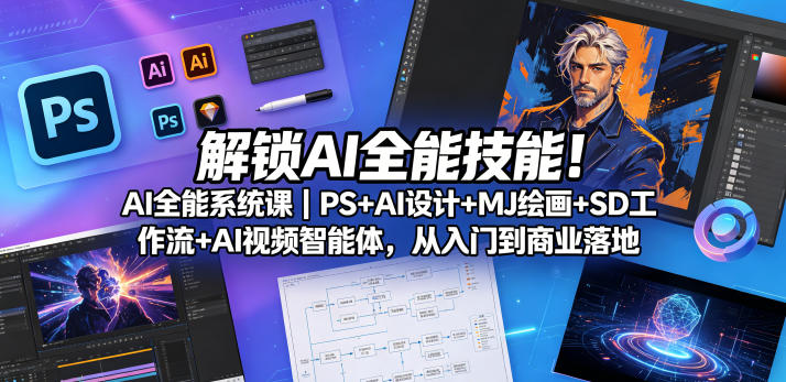 解锁AI全能技能!AI全能系统课|PS+AI设计+MJ绘画+SD工作流+AI视频智能体,从入门到商业落地