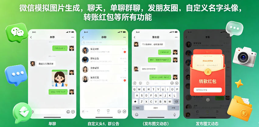 微信模拟图片生成,聊天,单聊群聊,发朋友圈,自定义名字头像,转账红包等所有功能都可以生成