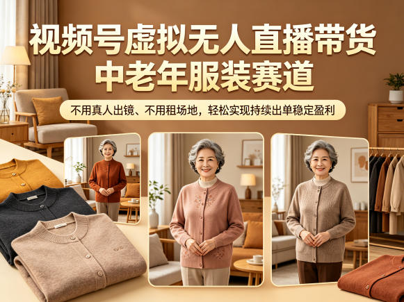 视频号虚拟无人直播带货中老年服装赛道,不用真人出镜、不用租场地,轻松实现持续出单稳定盈利