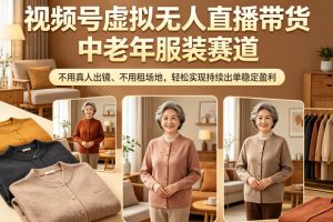 视频号虚拟无人直播带货中老年服装赛道，不用真人出镜、不用租场地，轻松实现持续出单稳定盈利
