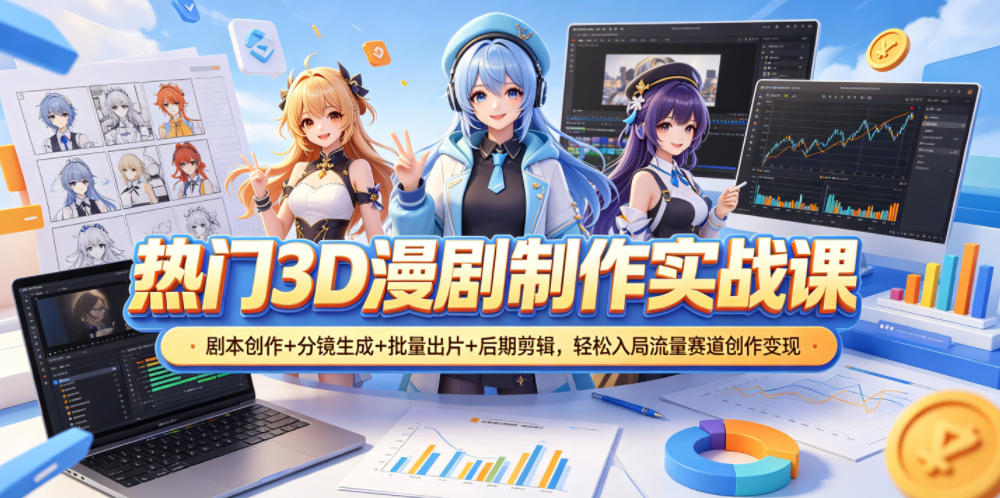 热门3D漫剧制作实战课,剧本创作+分镜生成+批量出片+后期剪辑,轻松入局流量赛道创作变现