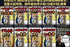 抖音百万粉丝博主的小猫生活科普视频教学，流量大起号快，创作者伙伴计划|分成计划|商单|收徒等