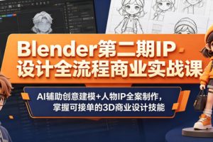 Blender第二期IP设计全流程商业实战课，AI辅助创意建模+人物IP全案制作，掌握可接单的3D商业设计技能