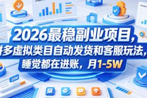 2026最稳副业项目，拼多多虚拟类目自动发货和客服玩法，睡觉都在进账，月1-5W【揭秘】