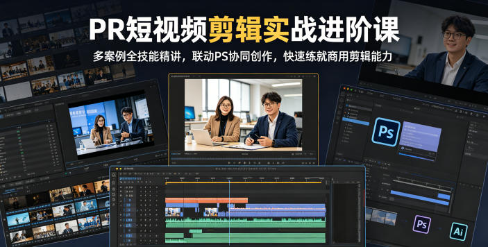 PR短视频剪辑实战进阶课,多案例全技能精讲,联动PS协同创作,快速练就商用剪辑能力