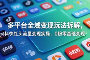 多平台全域变现玩法拆解，抖快红头流量变现实操，0粉零基础变现