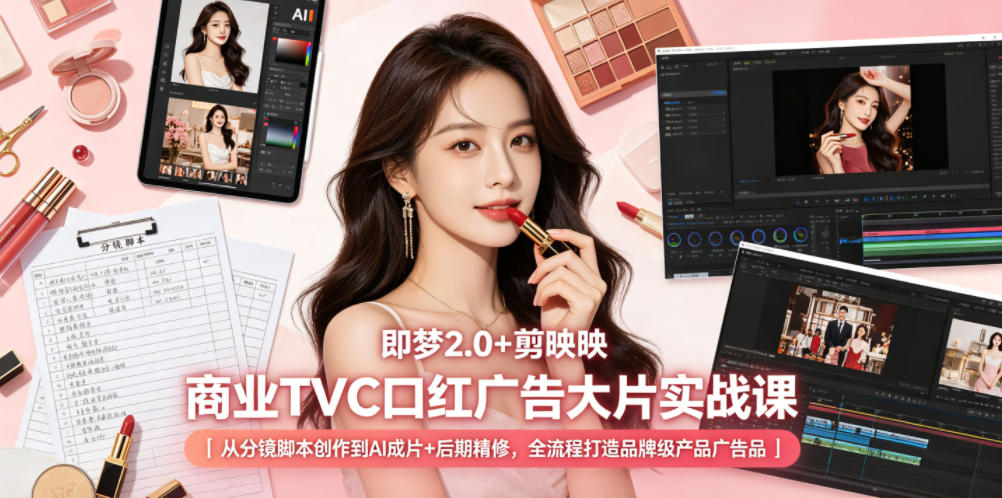 即梦2.0+剪映商业TVC口红广告大片实战课｜从分镜脚本创作到AI成片+后期精修，全流程打造品牌级产品广告