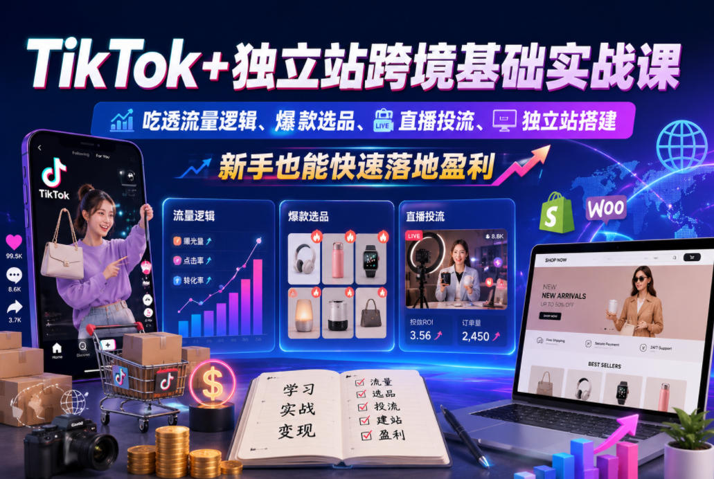 TikTok+独立站跨境基础实战课,吃透流量逻辑、爆款选品、直播投流与独立站搭建,新手也能快速落地盈利