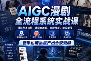 AIGC漫剧全流程系统实战课，爆款剧本挖掘、番茄文改编、高清修复、镜头衔接，新手也能批量产出合规短剧