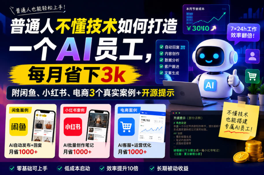 普通人不懂技术如何打造一个AI员工,每月省下3k,附闲鱼、小红书、电商3个真实案例+开源提示【文档】