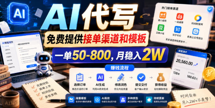 AI代写,免费提供接单渠道和模板,一单50-800,月稳入2W【揭秘】