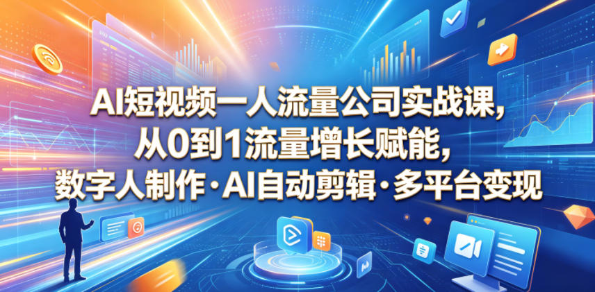 AI短视频一人流量公司实战课，从0到1流量增长赋能，数字人制作・AI自动剪辑・多平台变现，一人做流量生意全落地教程