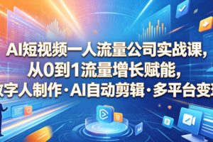 AI短视频一人流量公司实战课，从0到1流量增长赋能，数字人制作・AI自动剪辑・多平台变现，一人做流量生意全落地教程