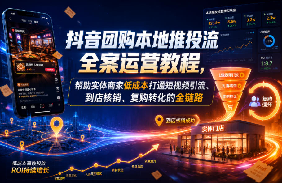 抖音团购本地推投流全案运营教程,帮助实体商家低成本打通短视频引流、到店核销、复购转化的全链路