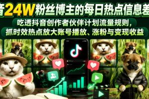 抖音24W粉丝博主的每日热点信息差教学，吃透创作者伙伴计划流量规则，抓时效热点放大账号播放、涨粉与变现收益（更新）