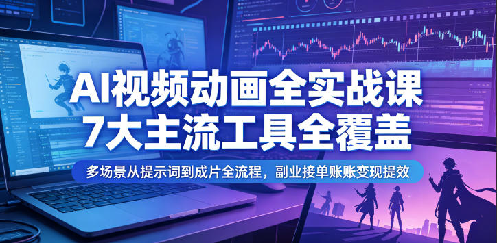 AI视频动画全实战课,7大主流工具全覆盖,多场景从提示词到成片全流程,副业接单账号变现提效
