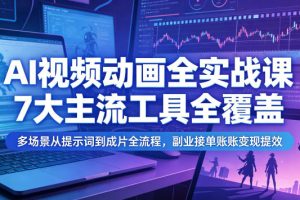 AI视频动画全实战课，7大主流工具全覆盖，多场景从提示词到成片全流程，副业接单账号变现提效