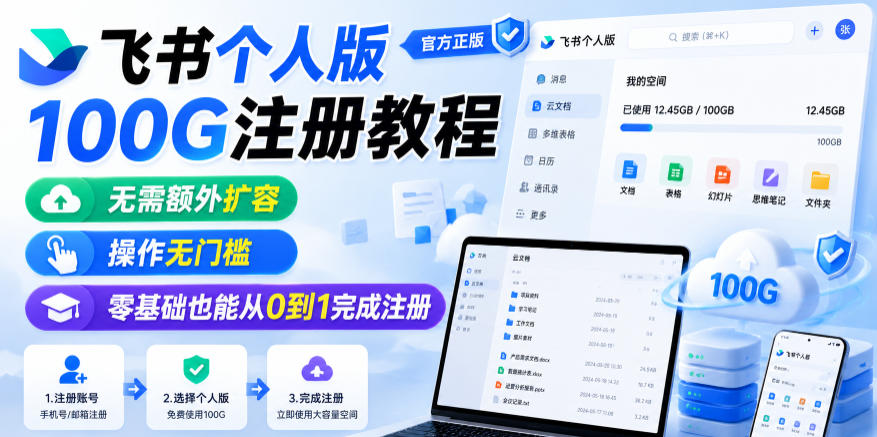 飞书个人版100G注册教程,无需额外扩容,操作无门槛,零基础也能从0到1完成注册