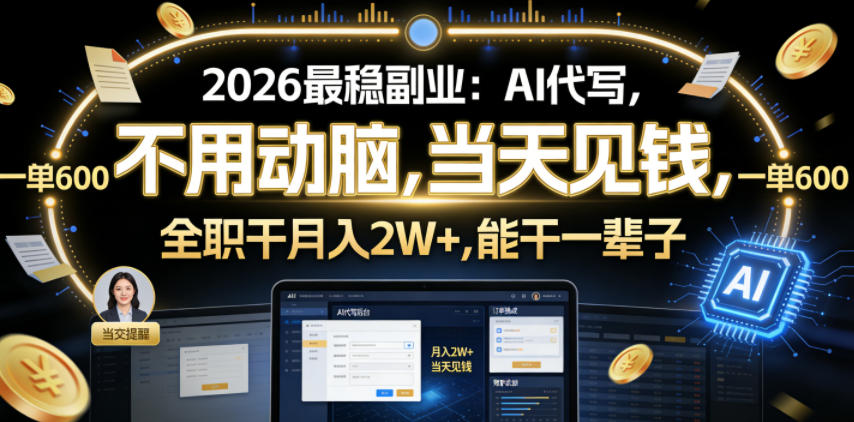 2026最稳副业:AI代写,不用动脑,当天见钱,一单600,全职干月入2W+,能干一辈子【揭秘】