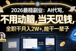 2026最稳副业：AI代写，不用动脑，当天见钱，一单600，全职干月入2W+，能干一辈子【揭秘】
