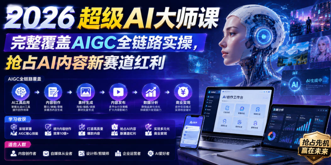 2026超级AI大师课,完整覆盖AIGC全链路实操,抢占AI内容新赛道红利