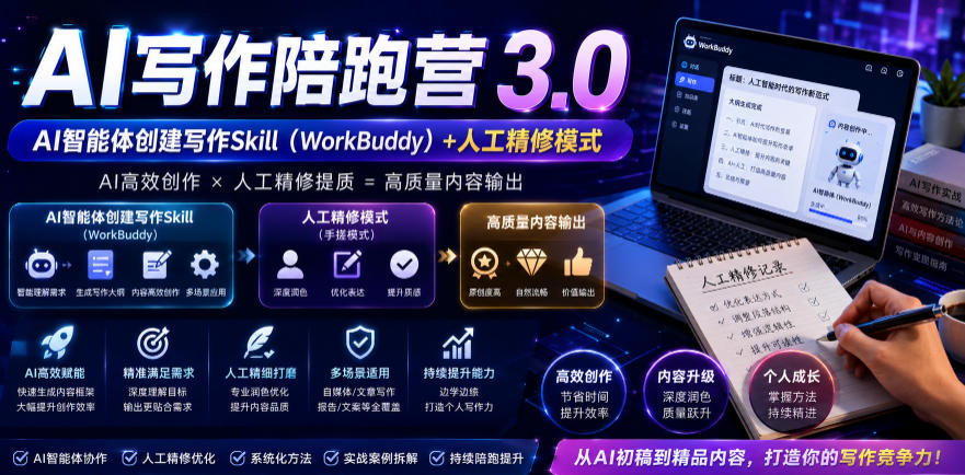 AI写作陪跑营3.0,Ai智能体创建写作skill(workbuddy)+人工手写模式(手搓模式),去除AI痕迹(头条号、公众号、百家号)