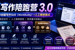 AI写作陪跑营3.0，Ai智能体创建写作skill（workbuddy）+人工手写模式（手搓模式），去除AI痕迹（头条号、公众号、百家号）