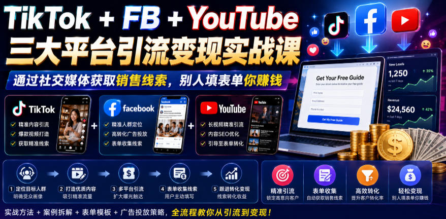 TikTok+FB+YouTube三大平台引流变现实战课,通过社交媒体获取销售线索,别人填表单你賺钱【原创双语字幕】
