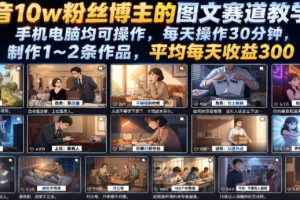抖音10w粉丝博主的图文赛道教学，手机电脑均可操作，每天操作30分钟，制作1~2条作品，平均每天收益300