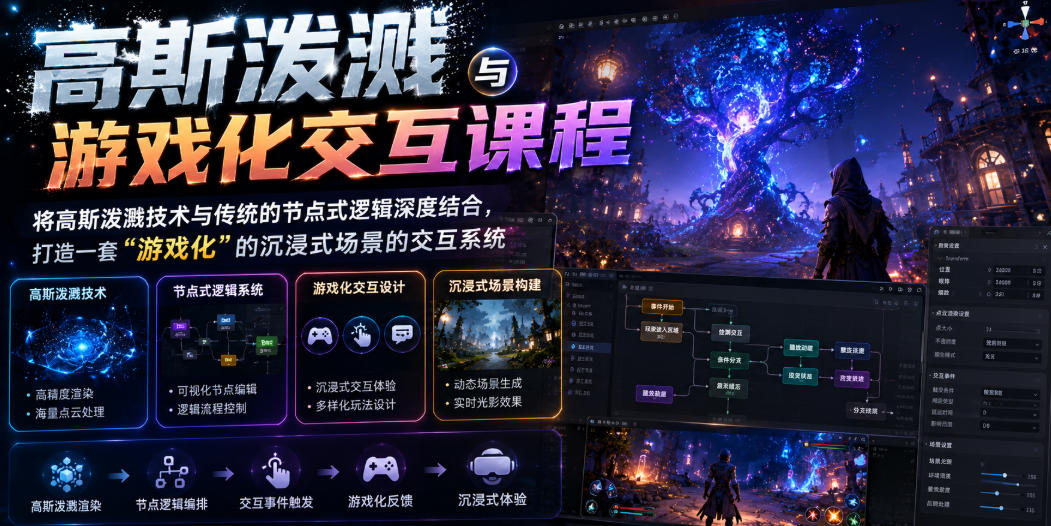 高斯泼溅与游戏化交互课程,将高斯泼溅技术与传统的节点式逻辑深度结合,打造一套“游戏化”的沉浸式场景的交互系统