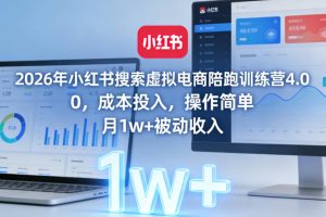 2026年小红书搜索虚拟电商陪跑训练营4.0，0成本投入，操作简单，月1w+被动收入（更新0628）