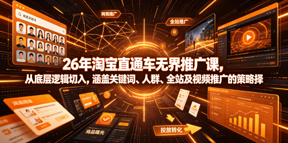 26年淘宝直通车无界推广课,从底层逻辑切入,涵盖关键词、人群、全站及视频推广的策略选择