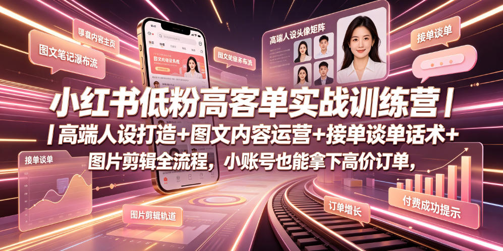 小红书低粉高客单实战训练营|高端人设打造+图文内容运营+接单谈单话术+图片剪辑全流程,小账号也能拿下高价订单