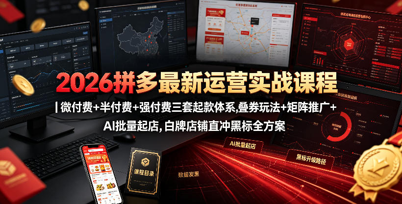 2026拼多多最新运营实战课程|微付费+半付费+强付费三套起款体系,叠券玩法+矩阵推广+AI批量起店,白牌店铺直冲黑标全方案