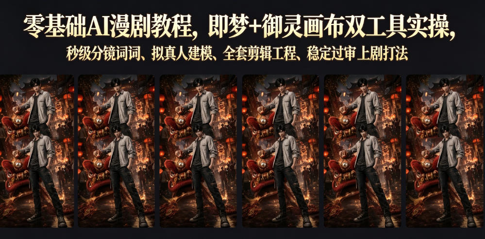 零基础AI漫剧教程,即梦+御灵画布双工具实操,秒级分镜提示词、拟真人建模、全套剪辑工程、稳定过审上剧打法